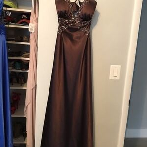 Xscape Elegant Brown Satin Prom Dress
